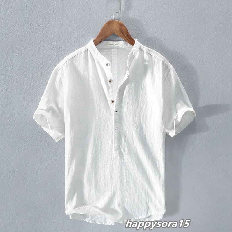 リネンシャツ メンズ カジュアルシャツ 半袖 プルオーバー ヘンリーネック 立ち襟 シンプル 夏服 トップス　ホワイト　L_画像1