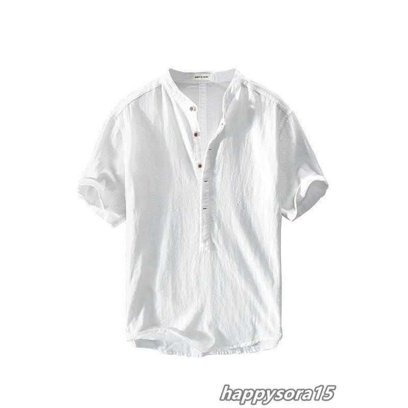 リネンシャツ メンズ カジュアルシャツ 半袖 プルオーバー ヘンリーネック 立ち襟 シンプル 夏服 トップス　ホワイト　L_画像2