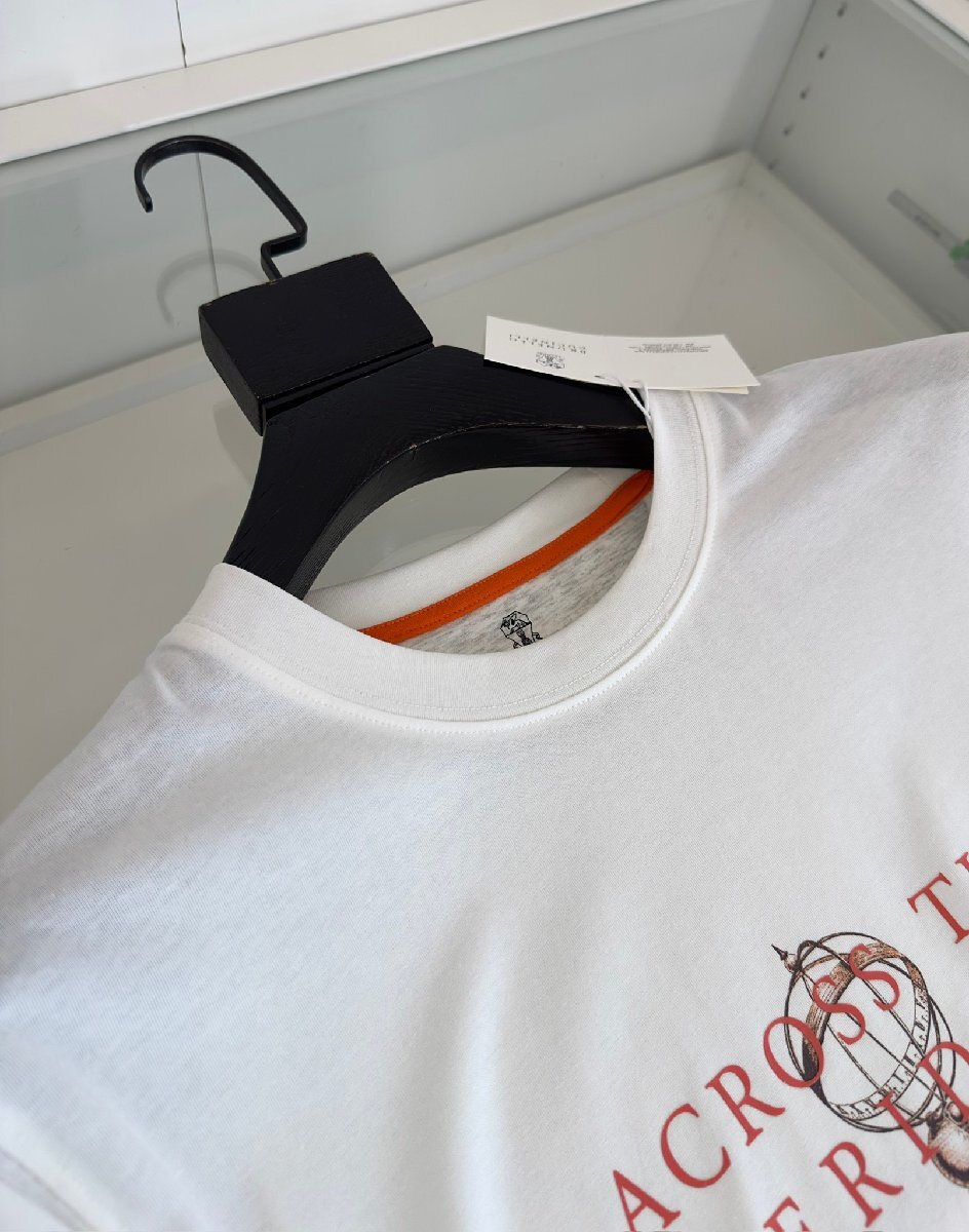 BRUNELLO CUCINELLI(ブルネロ クチネリ) メンズ半袖T-シャツ 丸首 綿 トップス カットソー クルーネック Mサイズ ホワイト ロゴプリント_画像8