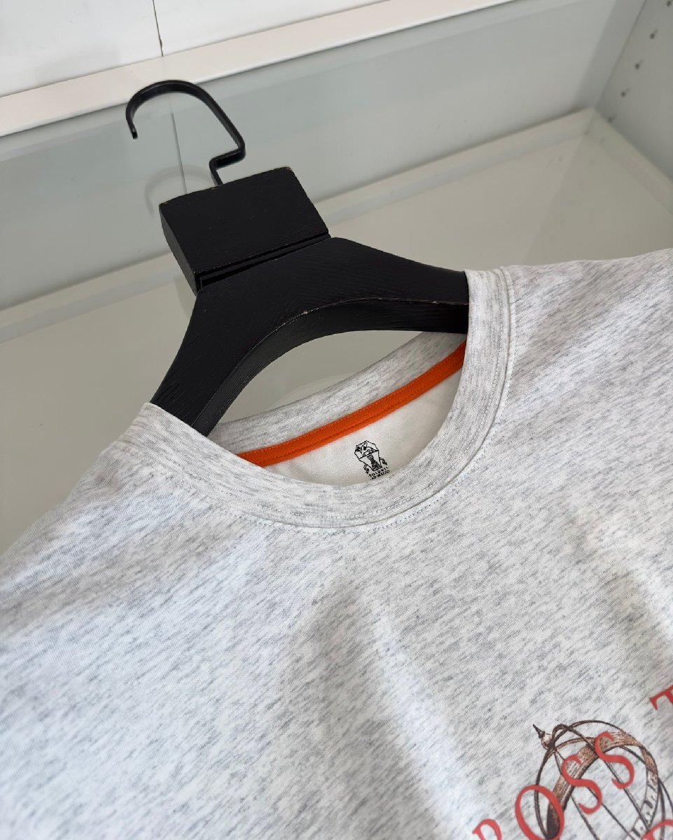 BRUNELLO CUCINELLI(ブルネロ クチネリ) メンズ半袖T-シャツ 丸首 綿 トップス カットソー クルーネック Mサイズ グレー ロゴプリントの画像8