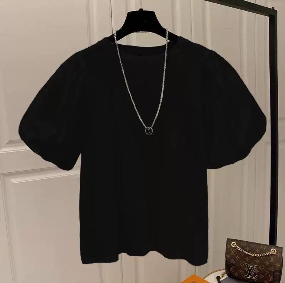 Tシャツ 半袖 バルーン レディース パフスリーブ ボリューム袖 無地 綿 黒 トップス カットソー ブラック シャツ