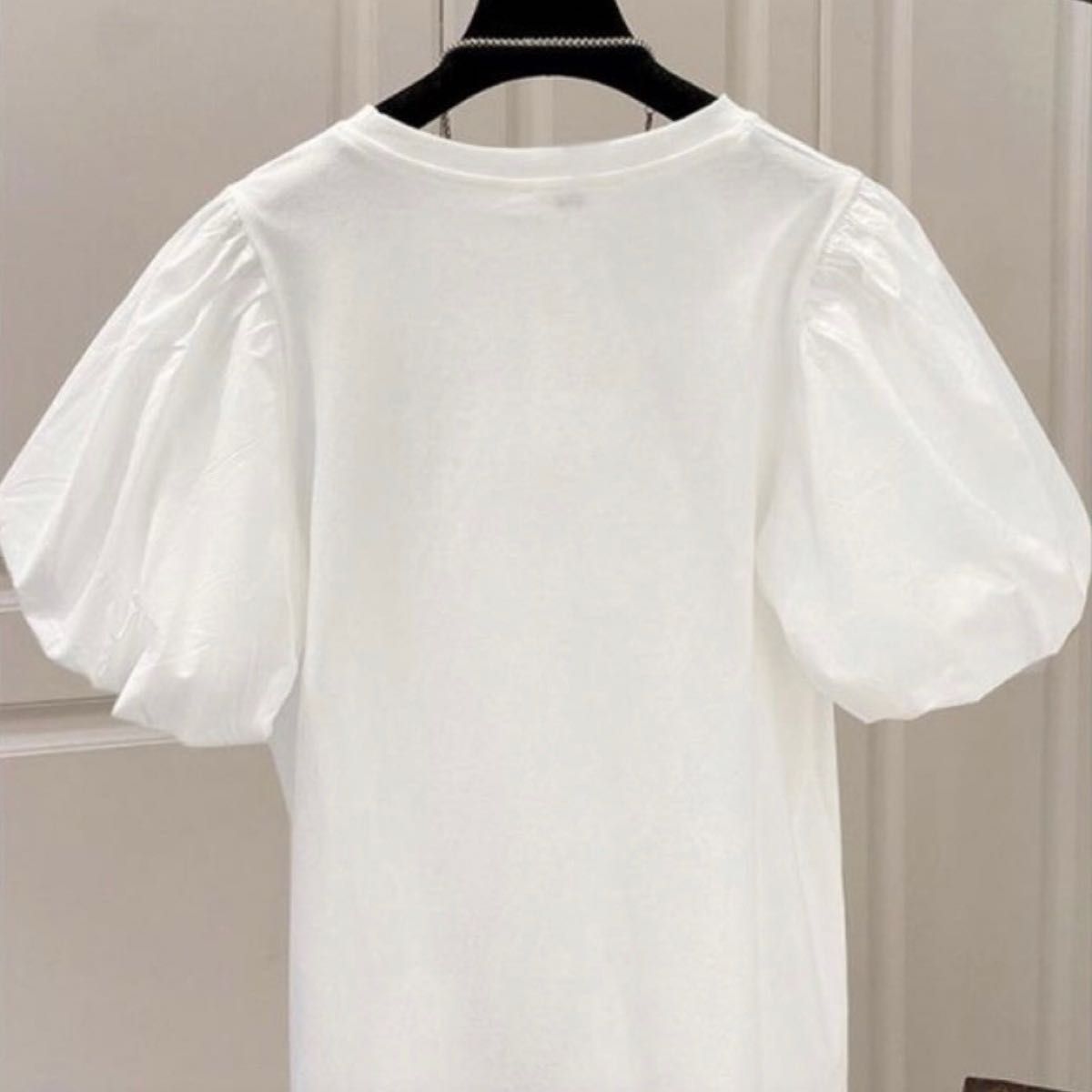 Tシャツ 半袖 バルーン レディース パフスリーブ ボリューム袖 無地 綿 白 ホワイト カットソー コットン