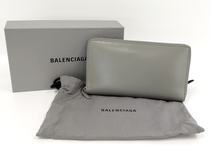 【中古】BALENCIAGA エッセンシャル コンチネンタルウォレット ラウンドファスナー長財布 レザー グレー 664041_画像9