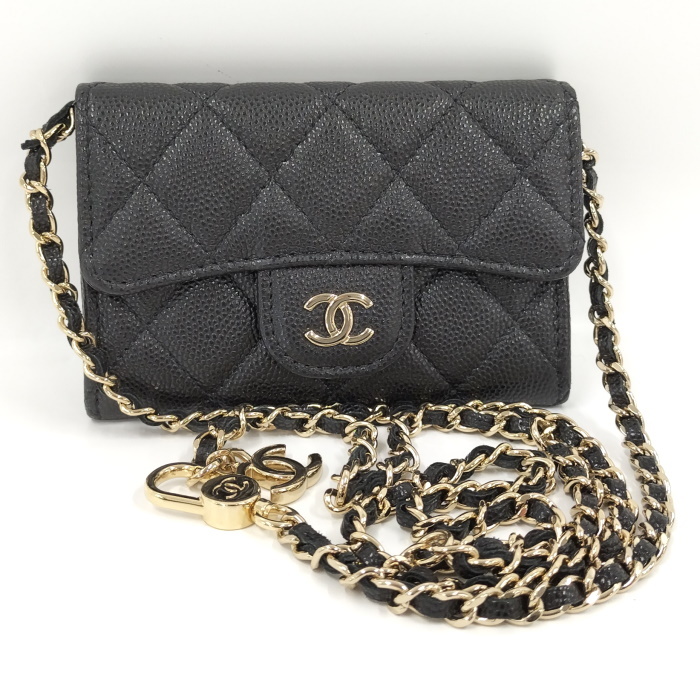 【中古】CHANEL チェーンショルダーバッグ ココマーク キャビアスキン レザー ブラック_画像1