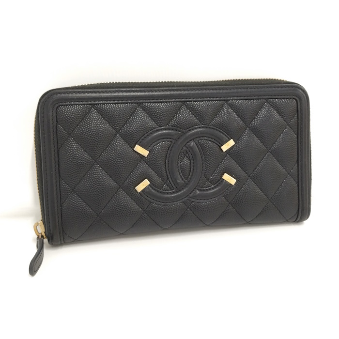 【中古】CHANEL ラウンドファスナー長財布 ココマーク キャビアスキン レザー ブラック A84449_画像1