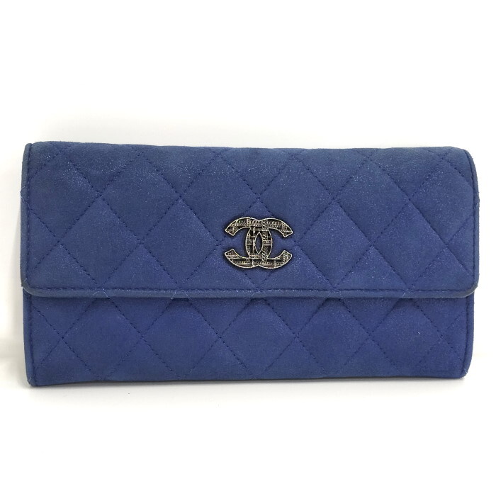 【中古】CHANEL マトラッセ 二つ折り長財布 ココマーク スエード ブルー_画像1