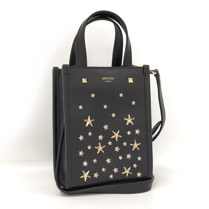 【中古】JIMMY CHOO 2WAYトートバッグ ミニ NS トート クリスタルスタースタッズ レザー ブラック
