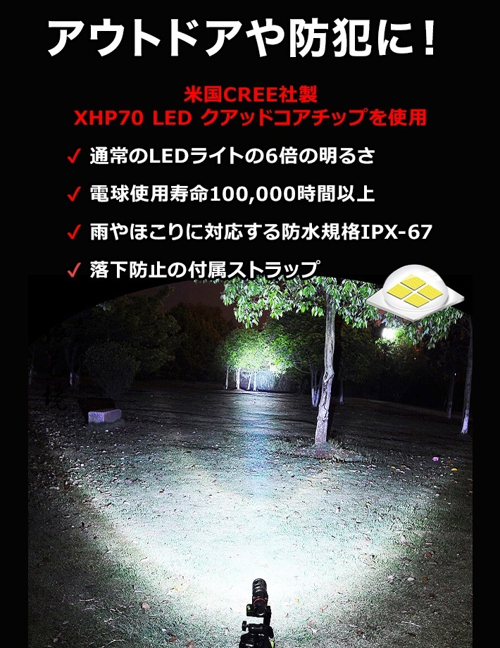 CREE XHP70 LED懐中電灯超高輝度4000ルーメン 伸縮ズーム充電式led3モード残量表示防水災害用アルミ合金 18650電池二本付【PSE認証済み】_画像2