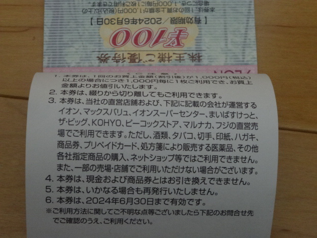 ●イオン北海道株主優待100円割引券17枚（1700円分）2024/6/30迄 マックスバリュ KOHYO まいばすけっと フジの画像2