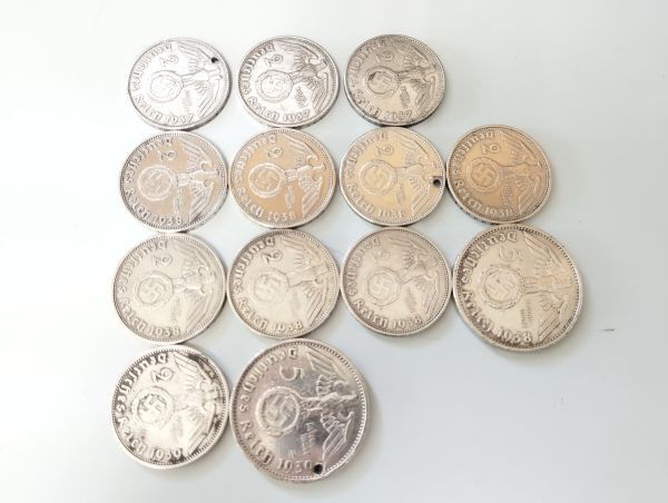 R+/ 古銭 貨幣 ナチスドイツ ドイツ第三帝国 ヒンデンブルク 5ライヒスマルク 2ライヒスマルク 銀貨 1937-1939 13枚セット / NY-1596_画像3