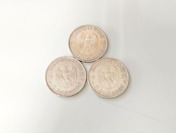 R+/ 古銭 貨幣 ナチスドイツ 5ライヒスマルク 銀貨 ポツダム教会 1934-1935 3枚セット 重さ 約42g / NY-1595_画像2