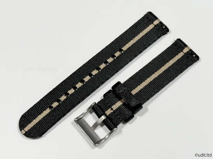 ラグ幅:20mm 高品質 艶あり 分割 NATO ストラップ 腕時計ベルト ブラック ベージュ ストライプ シルバー尾錠 ファブリック 二重編み DBI
