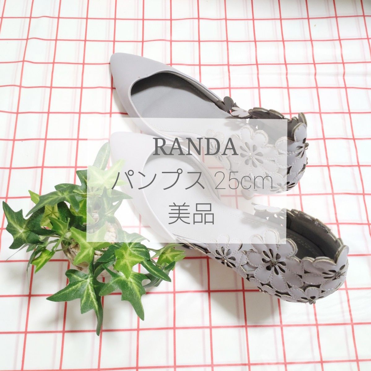 【RANDA 25cm】パンプス 花柄 ブルーグレー