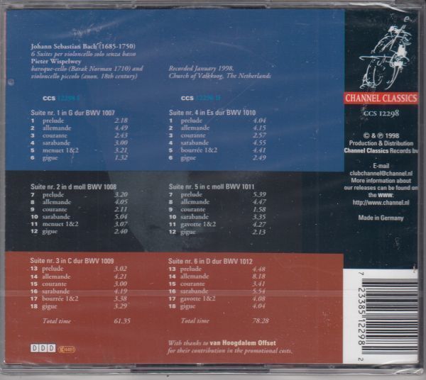 [2CD/Channel]バッハ:無伴奏チェロ組曲全曲(第1-6番)BWV.1007-1012P.ウィスペルウェイ(vc) 1998.1_画像2