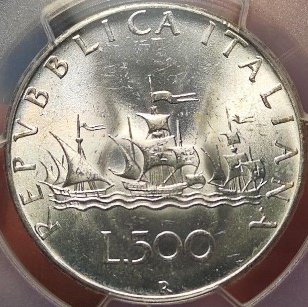 【MS64】PCGS ルネサンス貴婦人 コロンブス船団 銀貨 イタリア1966R 500リラ サンタマリア号  トーン