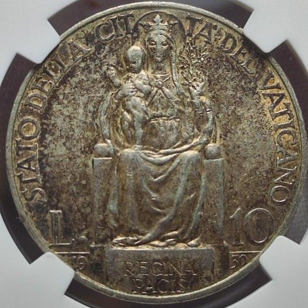 【AU53】NGC　1930　バチカン　イタリア　教皇領　ピウス11世　10リラ　銀貨　初期発行数5万枚のみ　希少