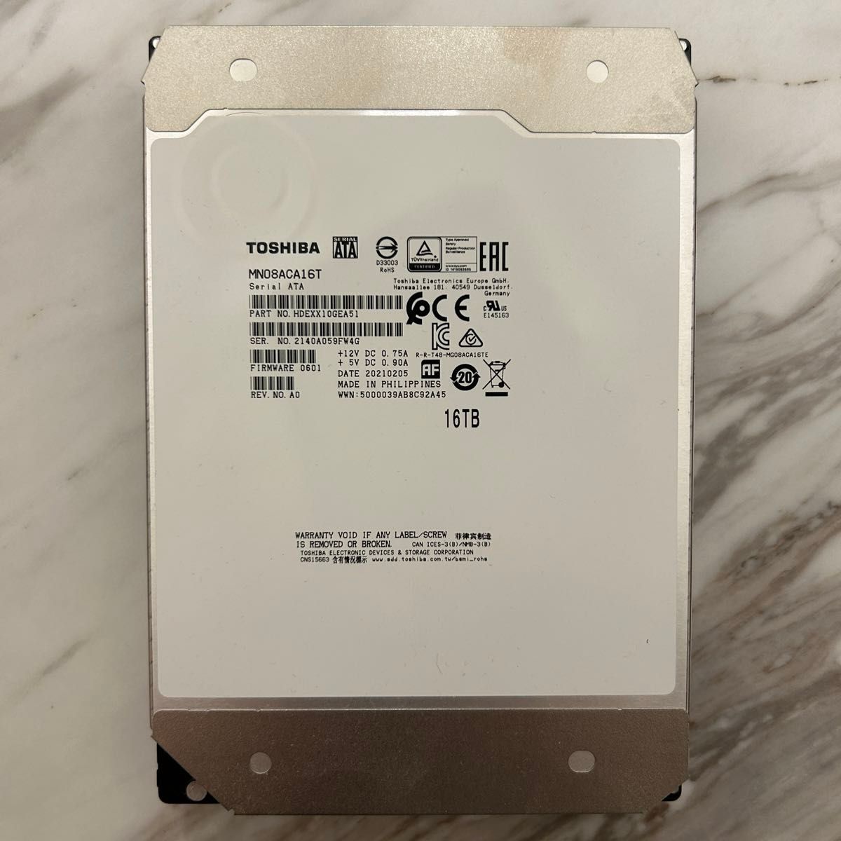 超美品在庫1個のみ 大容量HDD 東芝 16TB 3.5インチ 1400時間　TOSHIBA MN08ACA16T