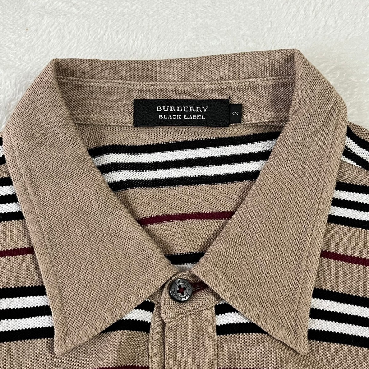 BURBERRY BLACK LABEL 半袖 ポロシャツ メンズ 2 (M) ベージュ ボーダー柄 三陽商会 ホースロゴ刺繍 バーバリー ブラックレーベル 美品_画像2