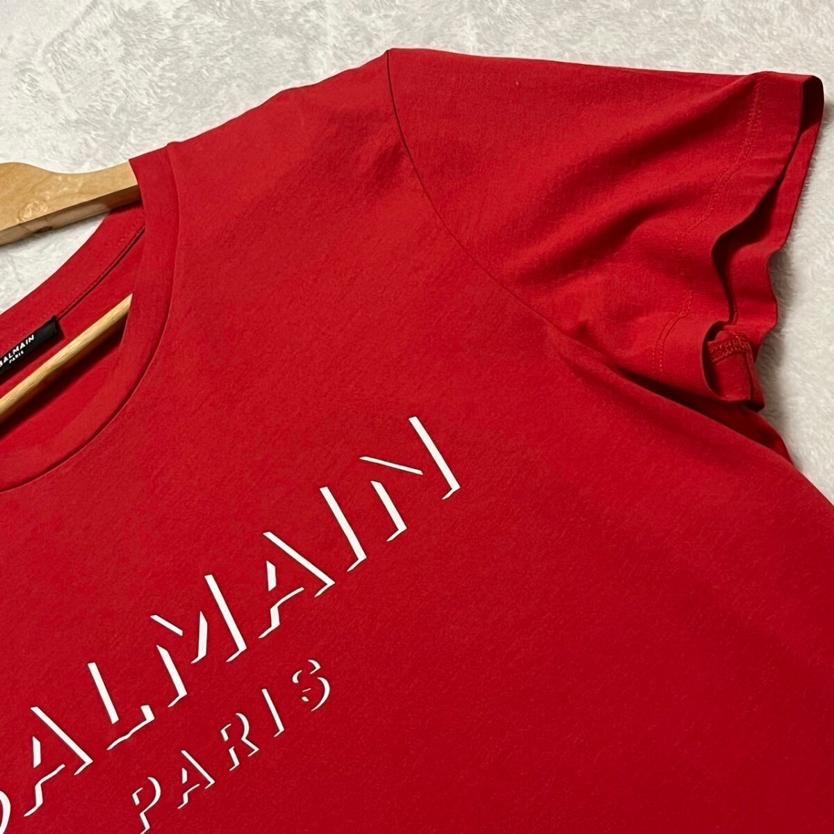 未使用級/XLサイズ●BALMAIN【情熱のレッドカラー】バルマン メンズ トップス Tシャツ 半袖 3Dロゴ フロント 正規品 春夏_画像5