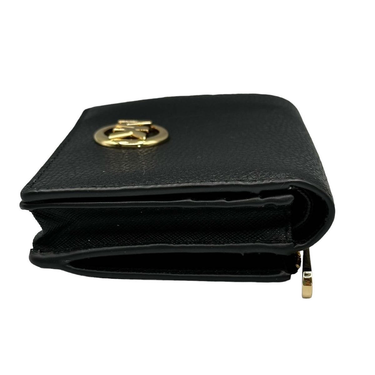 折財布　財布　マイケルコース　二つ折り財布　黒　金ロゴ　ブラック　シンプル レザー