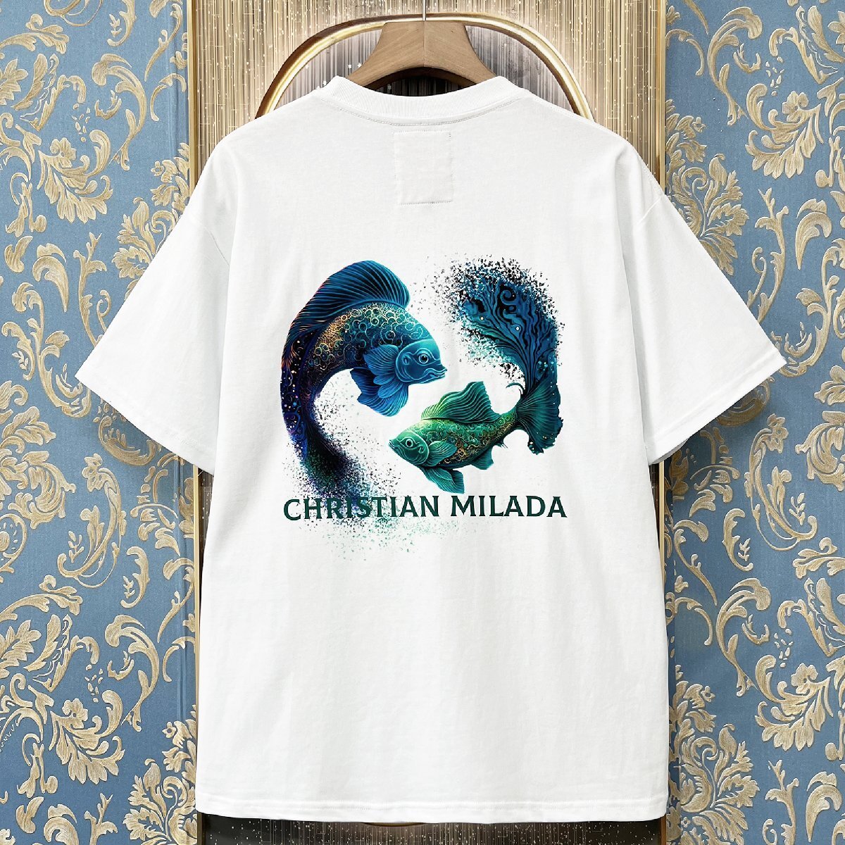 定価2万★christian milada・ミラノ発・半袖Tシャツ★綿100％ 上級 吸汗 通気 個性 魚座柄 トップス カットソー 男女兼用 夏服 XL/50サイズ_画像1