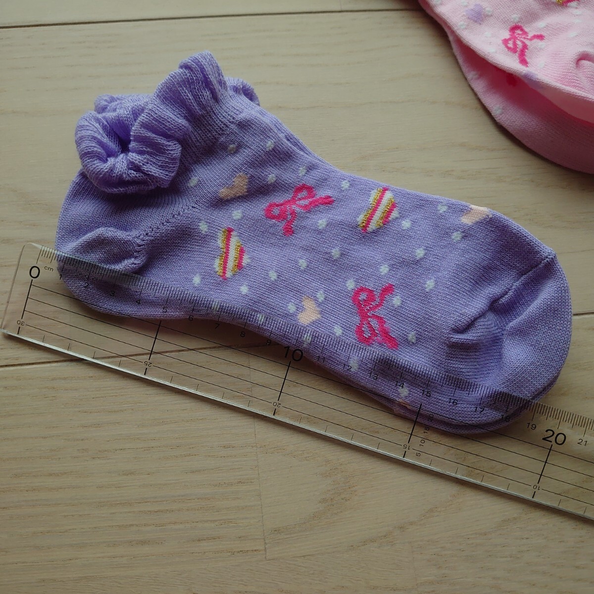 子供 衣類 靴下 ソックス キッズ 女の子 スニーカーソックス セット ピンク 薄紫 ボーダー リボン の画像2