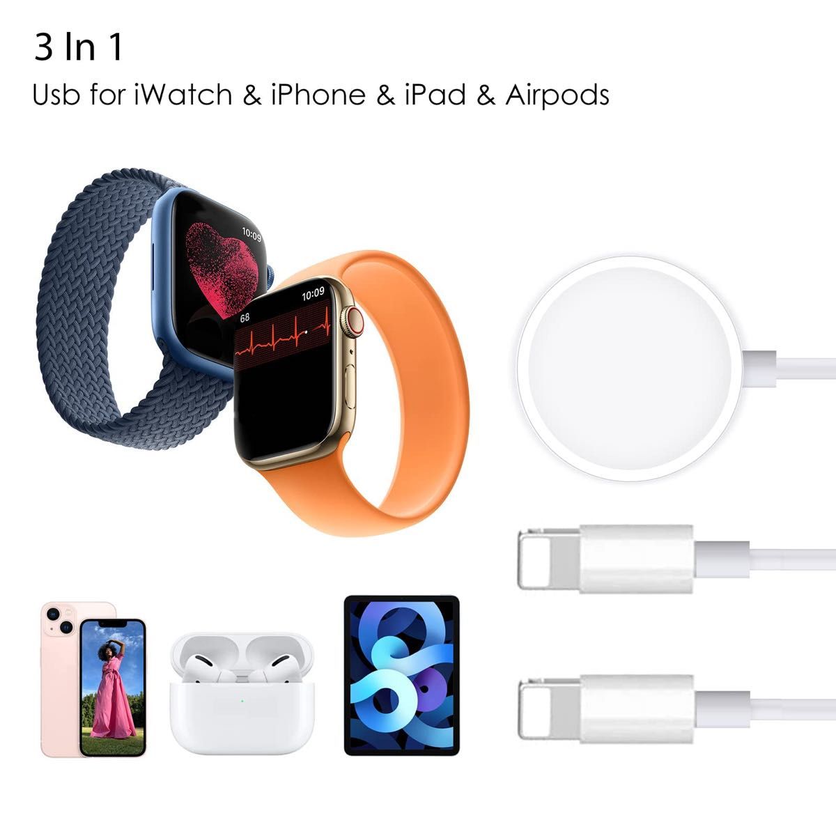 Apple Watch充電器 アップルウォッチ充電ケーブル 3in1 磁気充電 急速 ワイヤレス充電 USBコネクタ 置くだけ充電