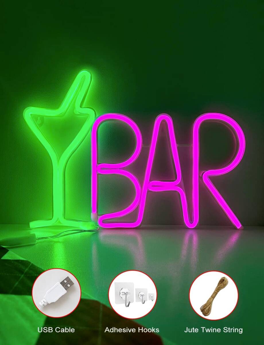 ネオンサイン ネオンライト ネオン看板 グリーン カクテルグラス+ピンク バーネオンサイン LED BAR USB クラブ 娯楽場所 飲食店 雑貨