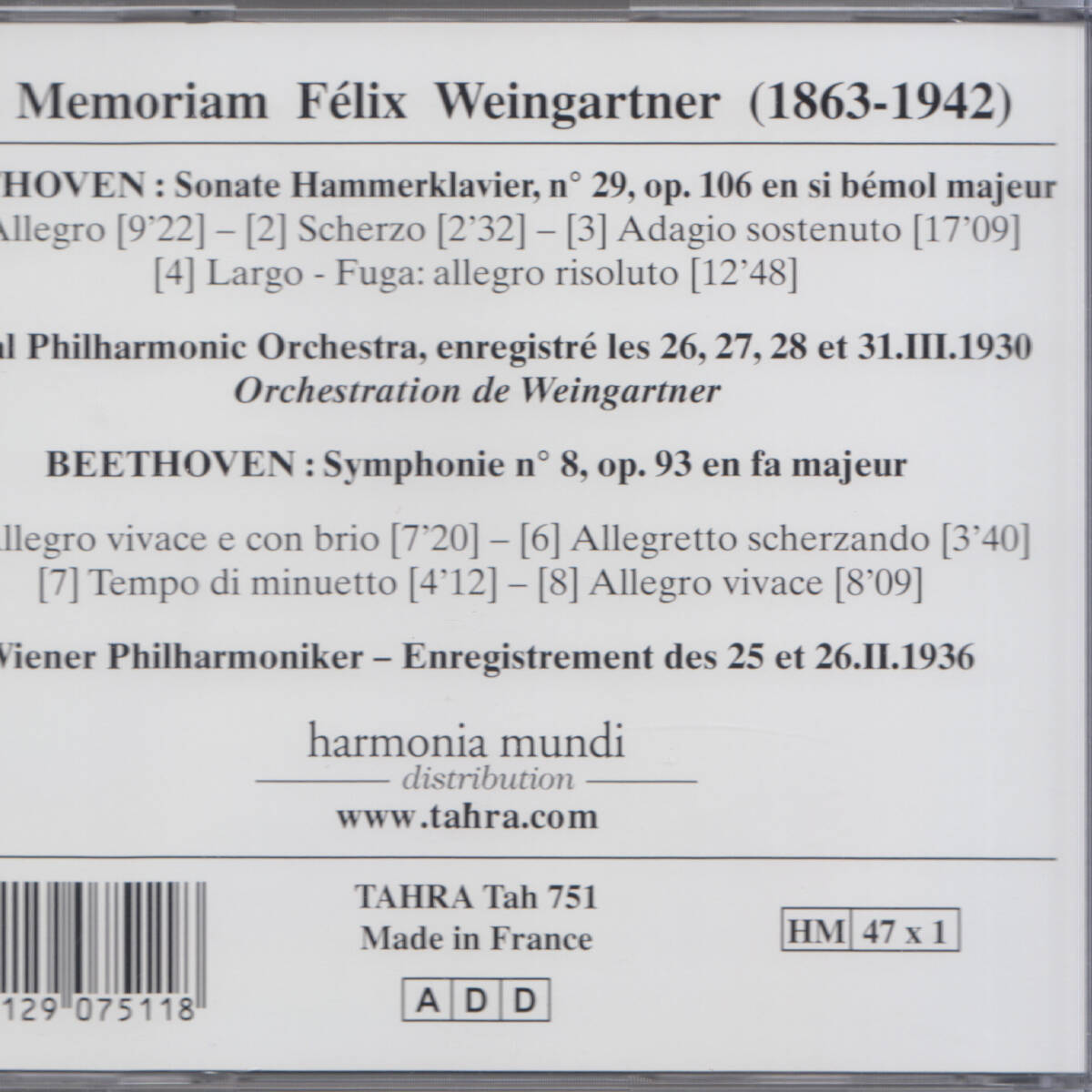 【廃盤TAHRA】巨匠ワインガルトナーの2大代表録音 ベートーヴェン第八交響曲,ハンマークラヴィーア管弦楽版 VPO; RPO TAH751の画像5