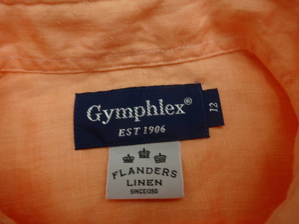 Gymphlex ジムフレックス★FLANDERS LINEN フランダースリネン 麻100％ ロゴ刺繍 七分袖 ボタンダウン シャツ 超美品 12/M位 日本製_画像3