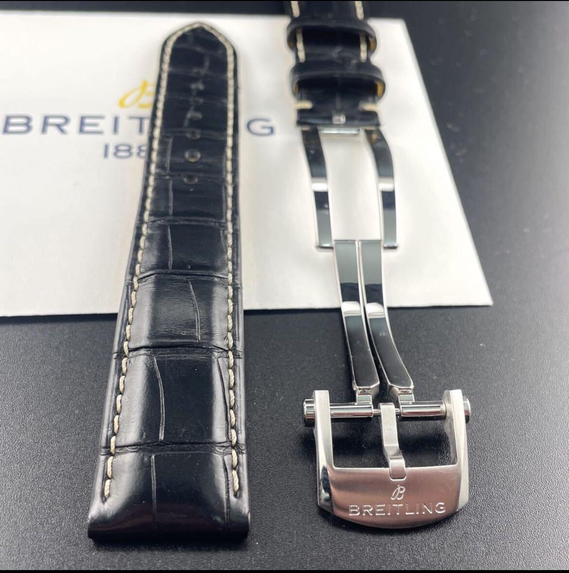 c151 最新【ブライトリング】BREITLING 22mm 1055P クロコ 黒 レザー Dバックル ベントレー クロノマット ナビタイマー スーパーオーシャン