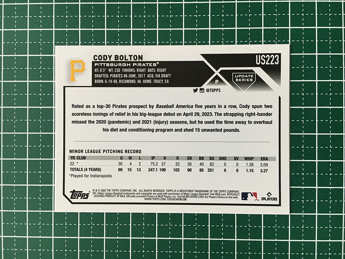 ★TOPPS MLB 2023 UPDATE #US223 CODY BOLTON［PITTSBURGH PIRATES］ベースカード「BASE」ルーキー「RC」★_画像2