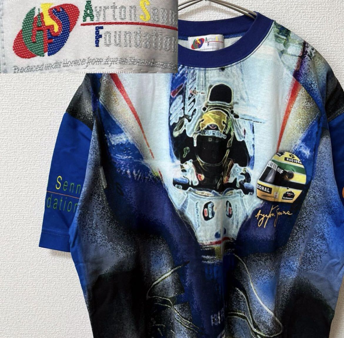 Avrton Senna Foundation アイルトン・セナ Tシャツ 半袖 総柄 レーシング 古着 の画像1
