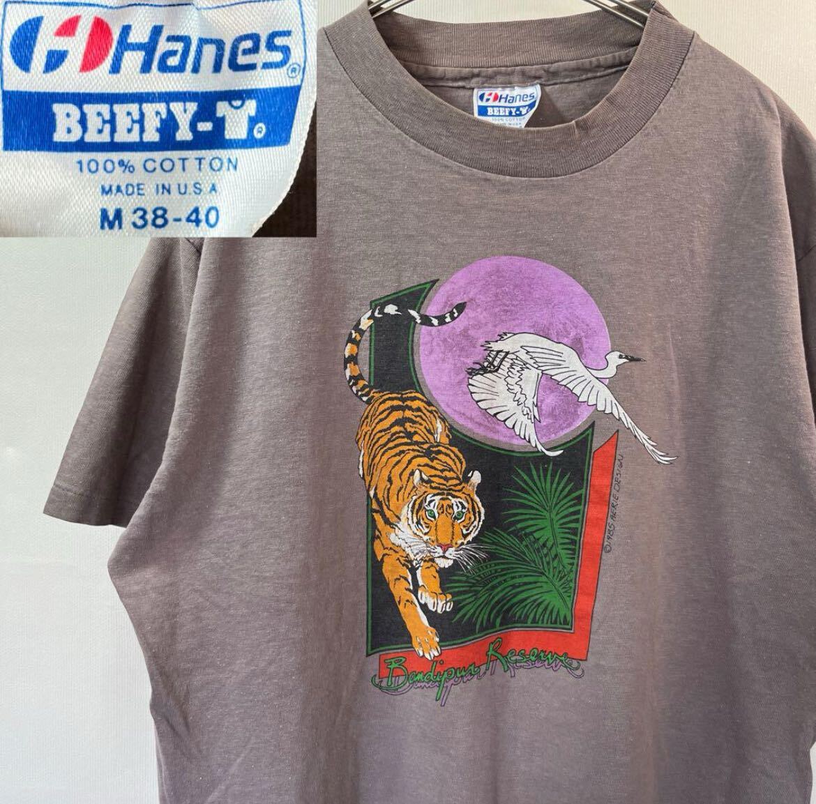 1985年製 ヘインズ 半袖 Tシャツ USA製 鶴 虎デザイン Mサイズビンテージ Tシャツ 半袖 古着 _画像1