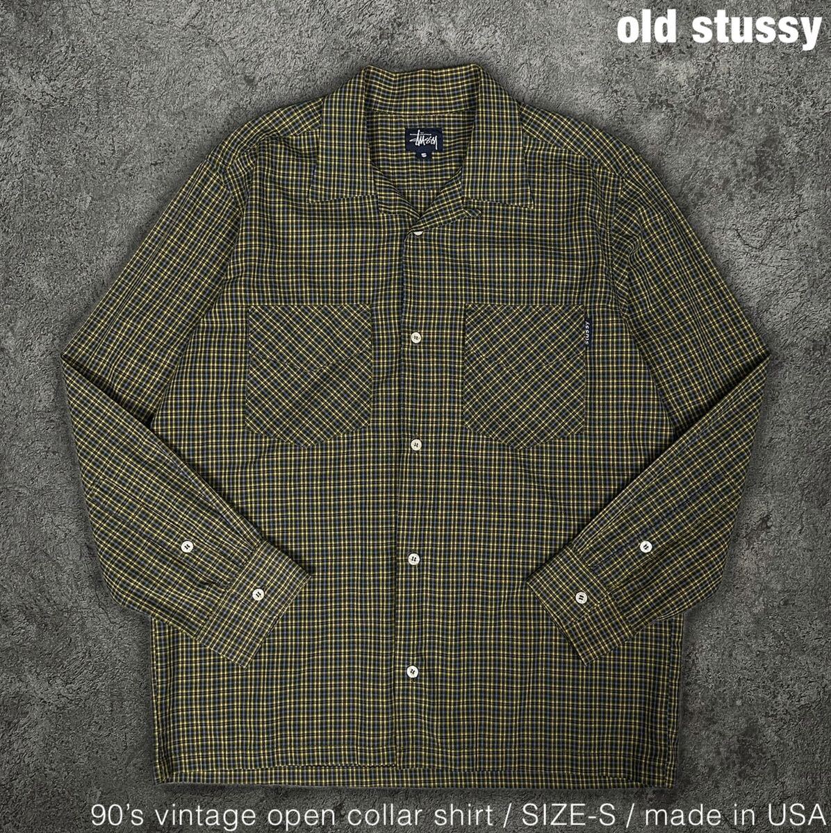 old stussy 90s 紺タグ USA製 オープンカラー チェック シャツ オールド ステューシー 長袖シャツ_画像1