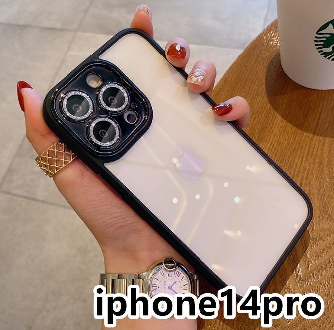 iphone14proケース カーバー レンズ保護付き　透明　お洒落　韓国　軽量 ケース 耐衝撃 高品質 ブラック284_画像1