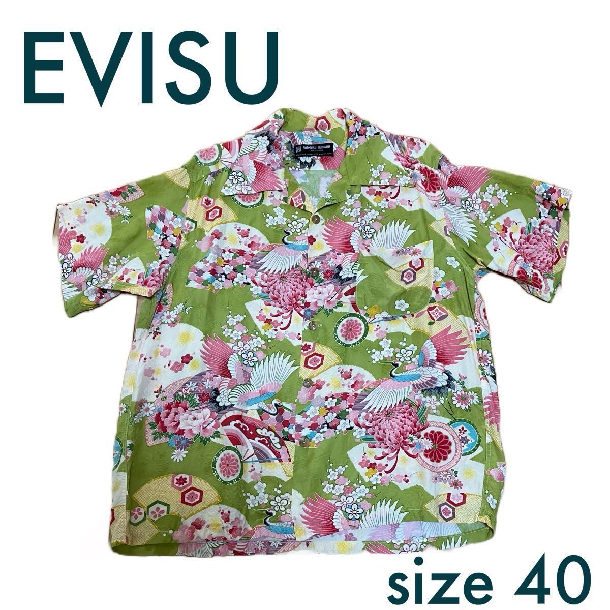 EVISU 和柄 鶴 アロハシャツ　エヴィス 半袖前開きシャツ　透かし柄　花　レーヨン