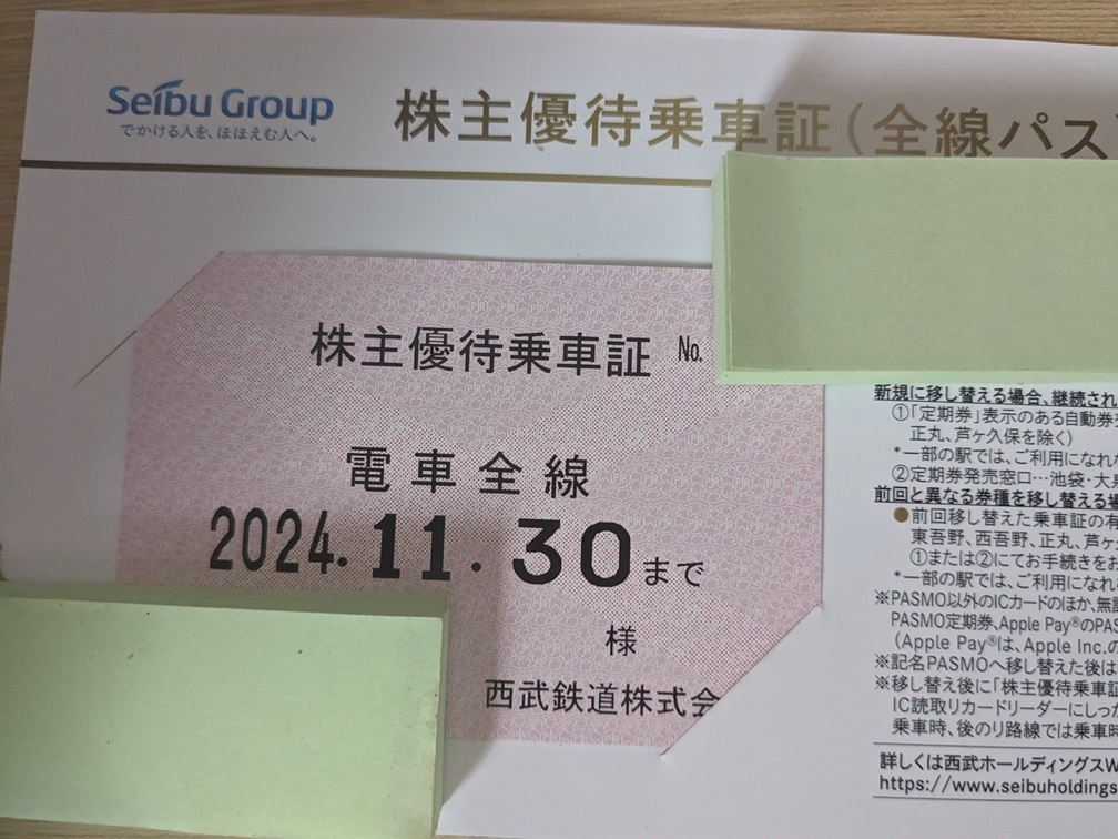 西武鉄道 株主優待乗車証 電車全線 定期券式 有効期限2024年11月末●送料込の画像1