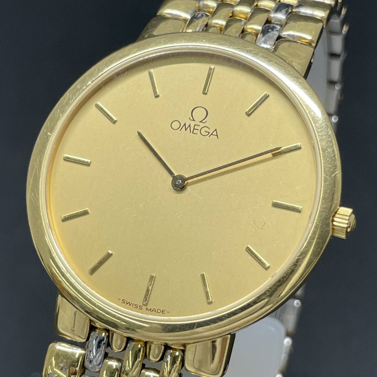 24D041　オメガ　OMEGA　DEVILLE　デビル　デヴィル　クオーツ　GP　ゴールド文字盤　2針　ケース32ｍｍ　メンズ腕時計　1円～_画像1