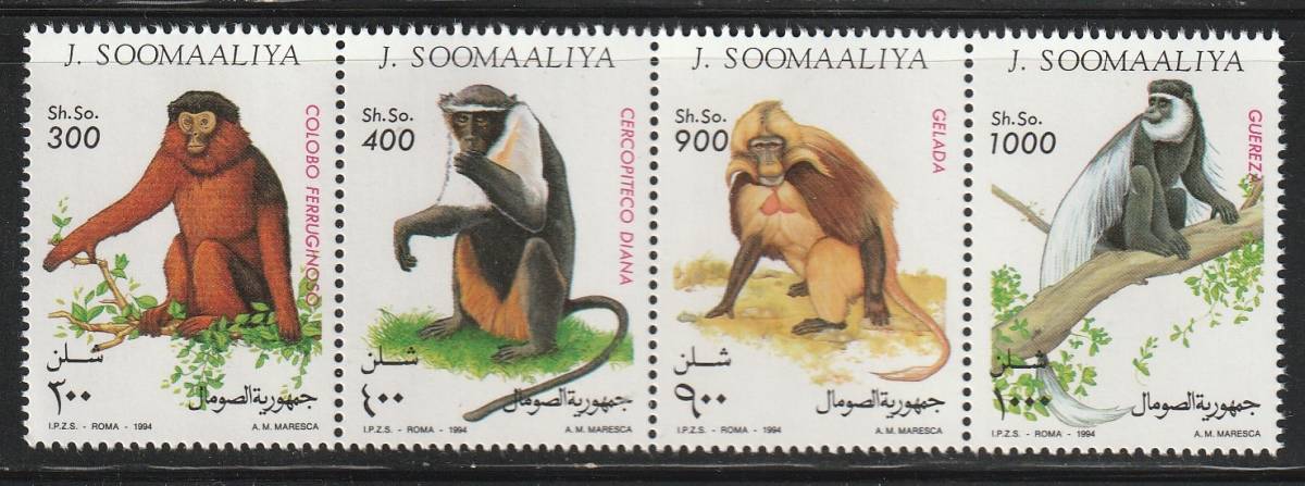 （ソマリア）1994年猿4種完、YVert & Tellier評価12ユーロ（海外より発送、説明欄参照）の画像1