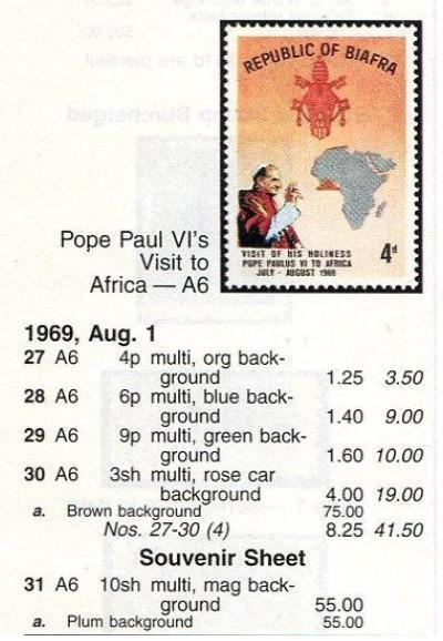 （ビアフラ）1969年ローマ法王アフリカ訪問小型シート、スコット評価55ドル（海外より発送、説明欄参照）の画像2