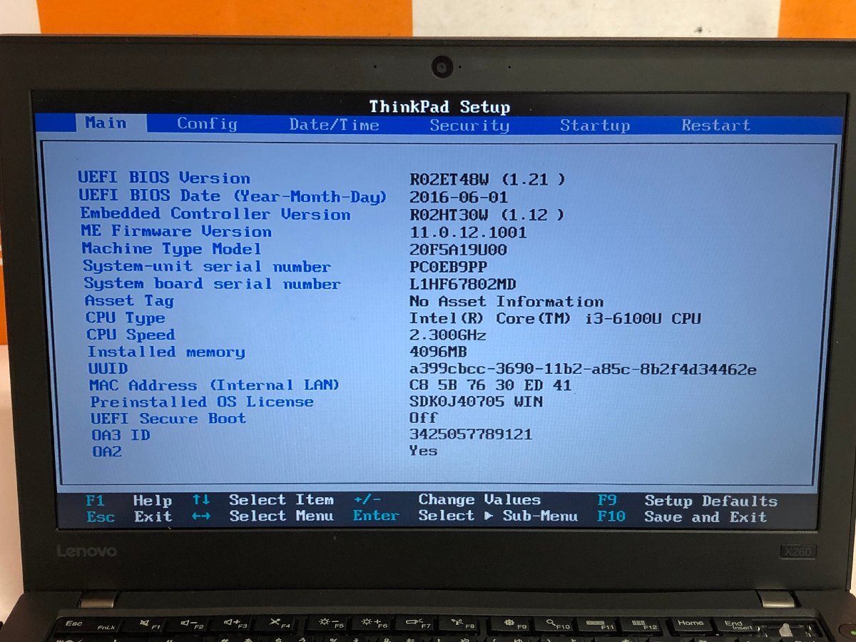 【ハード王】1円～/ノート/Lenovo ThinkPad X260 20F5-A19U00/Corei3-6100U/4GB/ストレージ無/10645-H33の画像2