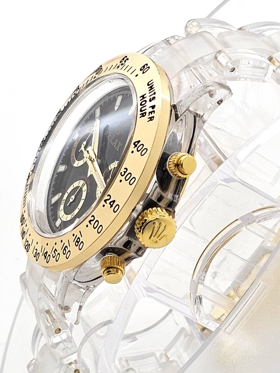 [ супер-скидка 1 иен ]RELAX relax .. Logo D27 наручные часы Chrono желтое золото сверху товар . серьезность . ощущение . можно получить . часы чёрный циферблат Setagaya 