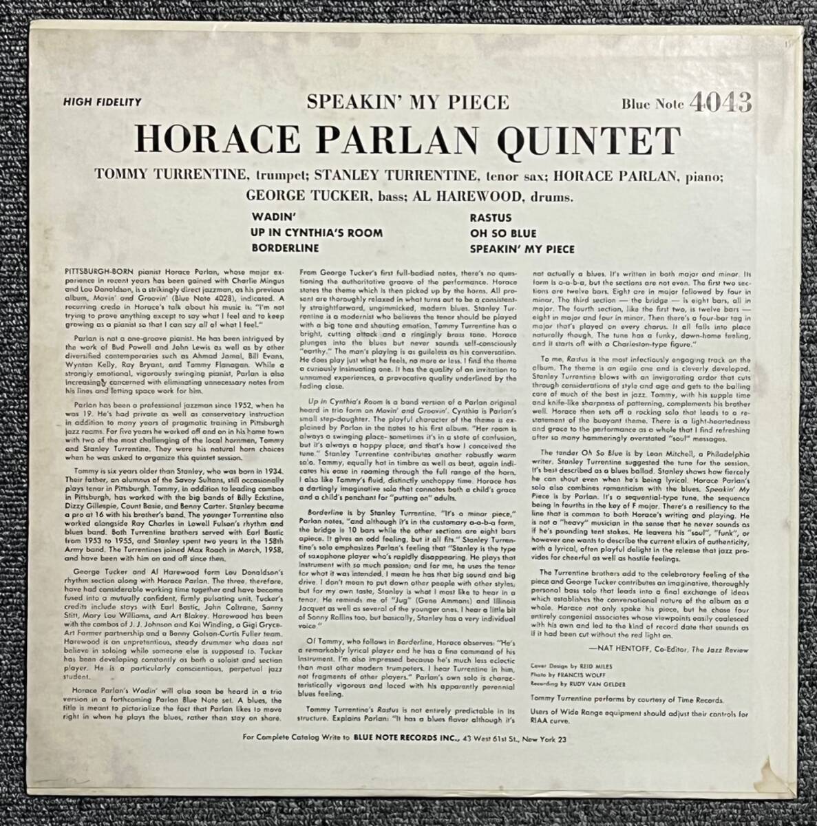 【オリジナル/美盤】『 Speakin My Piece 』Horace Parlan Stanley Turrentine ホレス・パーラン スタンリー・タレンタインの画像2
