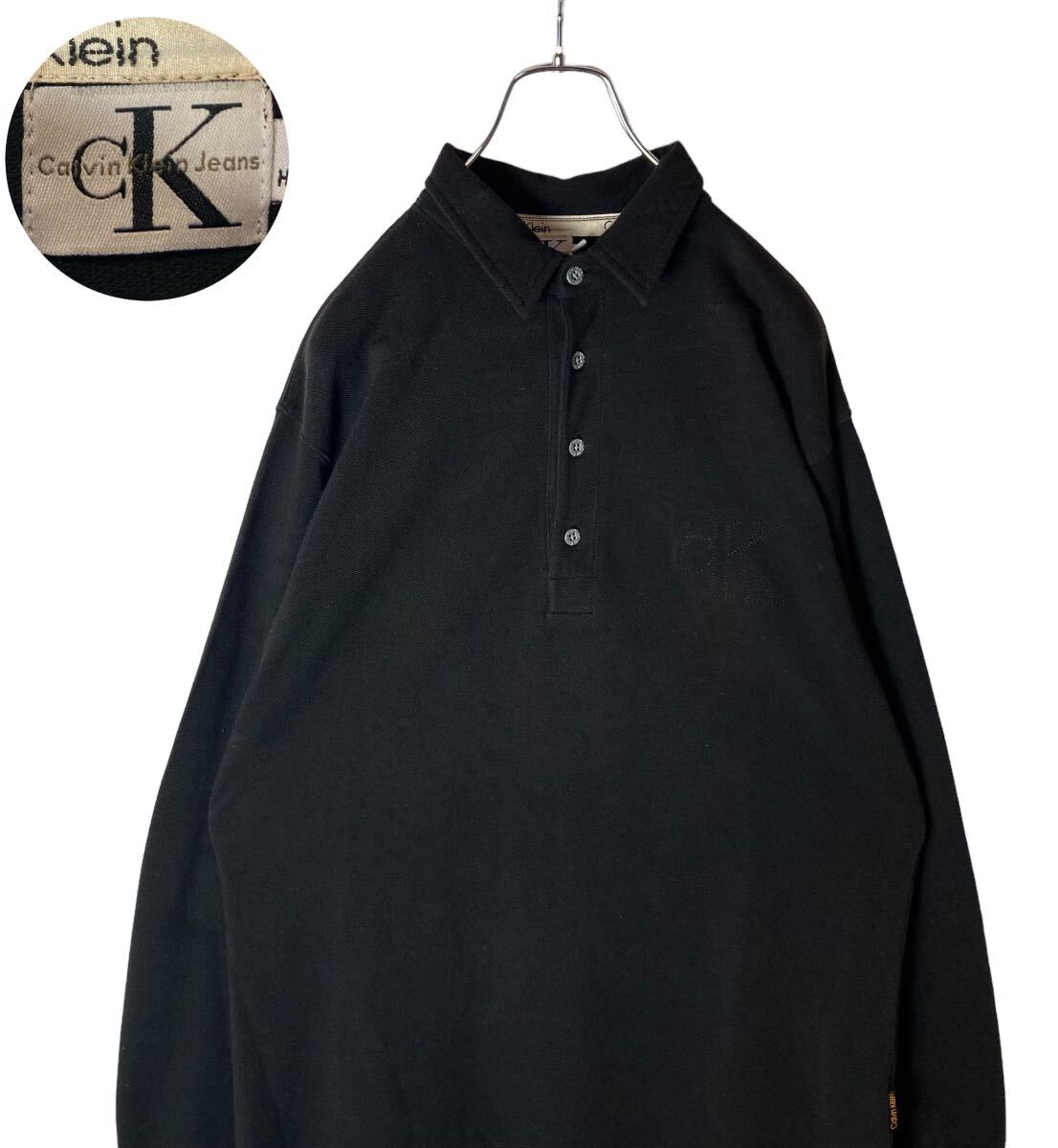 カルバンクライン CK刺繍ロゴ シンプルブラックポロシャツ 古着 ゆったりサイズ_画像1