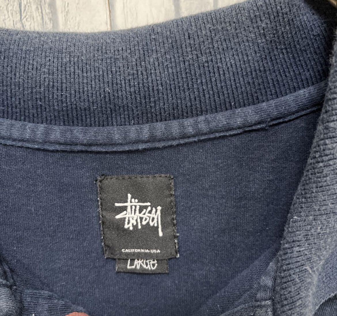 stussy ステューシー シャドーマン 半袖 ポロシャツ 総柄 シンプルロゴ 刺繍ロゴ サイズL ネイビー 送料無料