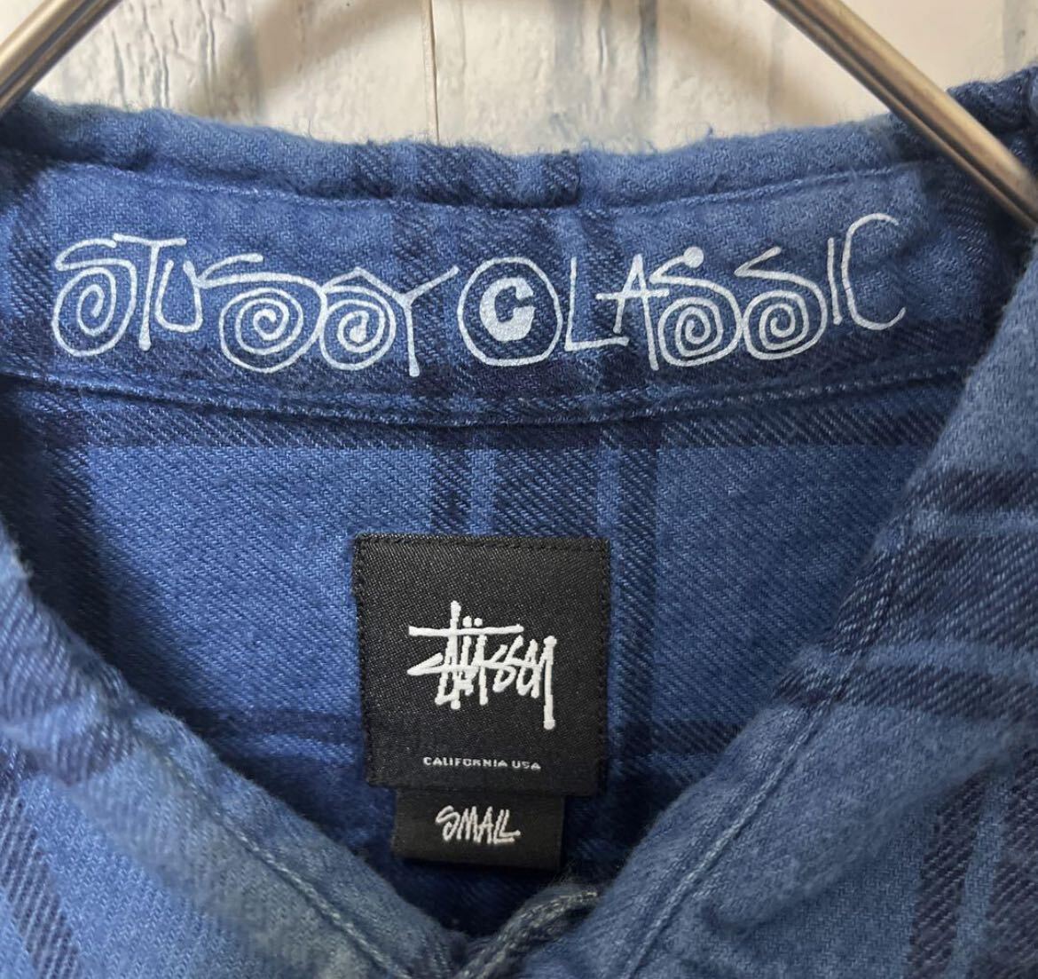 stussy ステューシー フランネルシャツ チェックシャツ 長袖 刺繍ロゴ ワンポイントロゴ シンプルロゴ サイズS ブルー 送料無料