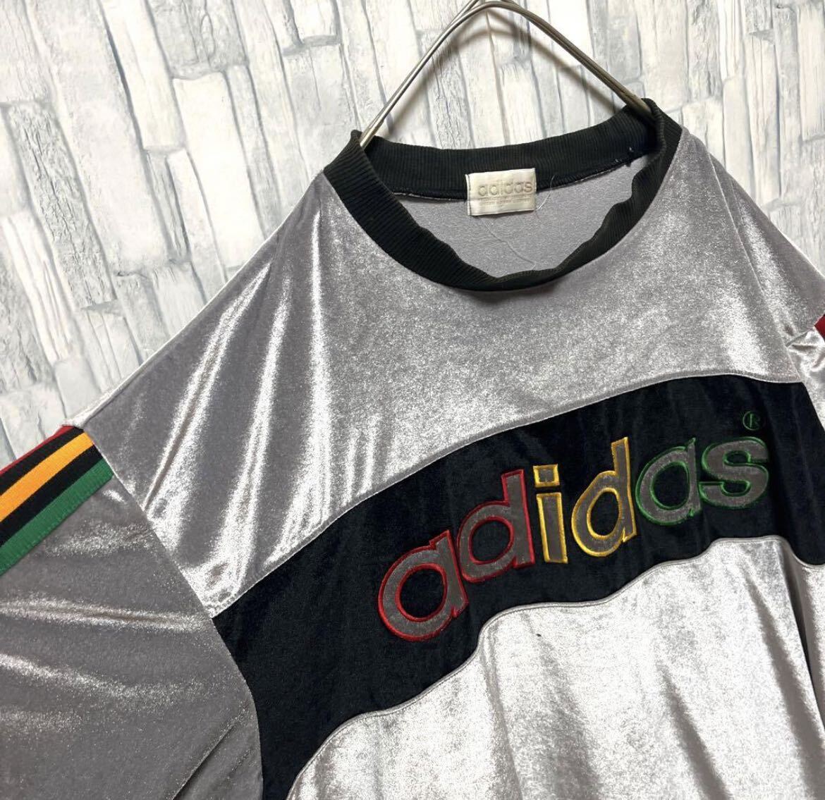 adidas アディダス ベロア生地 リンガー ネック Ｔシャツ XL シルバー 半袖 3ライン 3ストライプ 刺繍ロゴ デカロゴ 80s 80年代 デサント_画像5