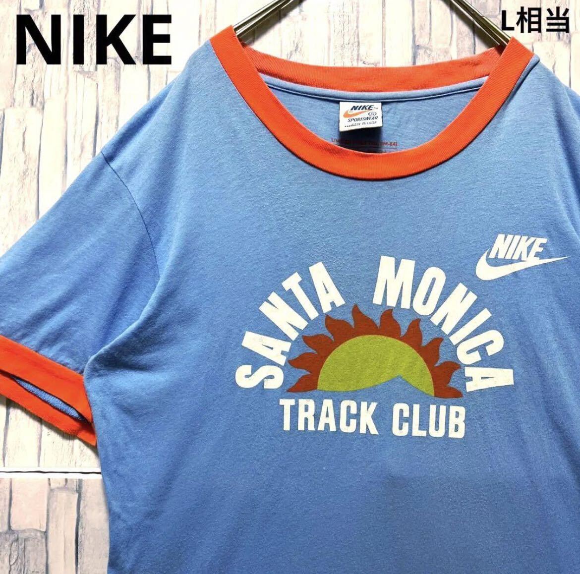 NIKE ナイキ 半袖 リンガーネック Tシャツ S デカロゴ スウォッシュ スウッシュ ブルー オレンジタグ復刻 シングルステッチ サンタモニカ_画像1