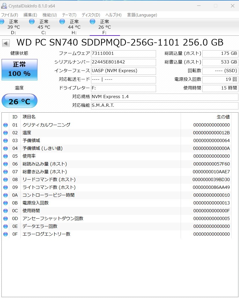■ 売切！ 使用15時間！ WD SN740 256GB M.2 2230 NVMe PCIe Gen4.0x4 SDDPMQD-256G-1101 2022年12月製造 中古_画像9